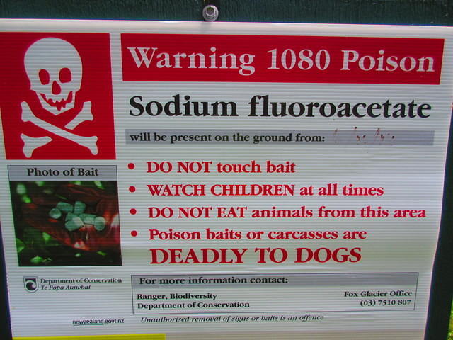 Saw many of these signs.  This is an interesting debate in New Zealand.  In order to help control the invasive possum and stoat population the government drops poison pellets from helicopters.